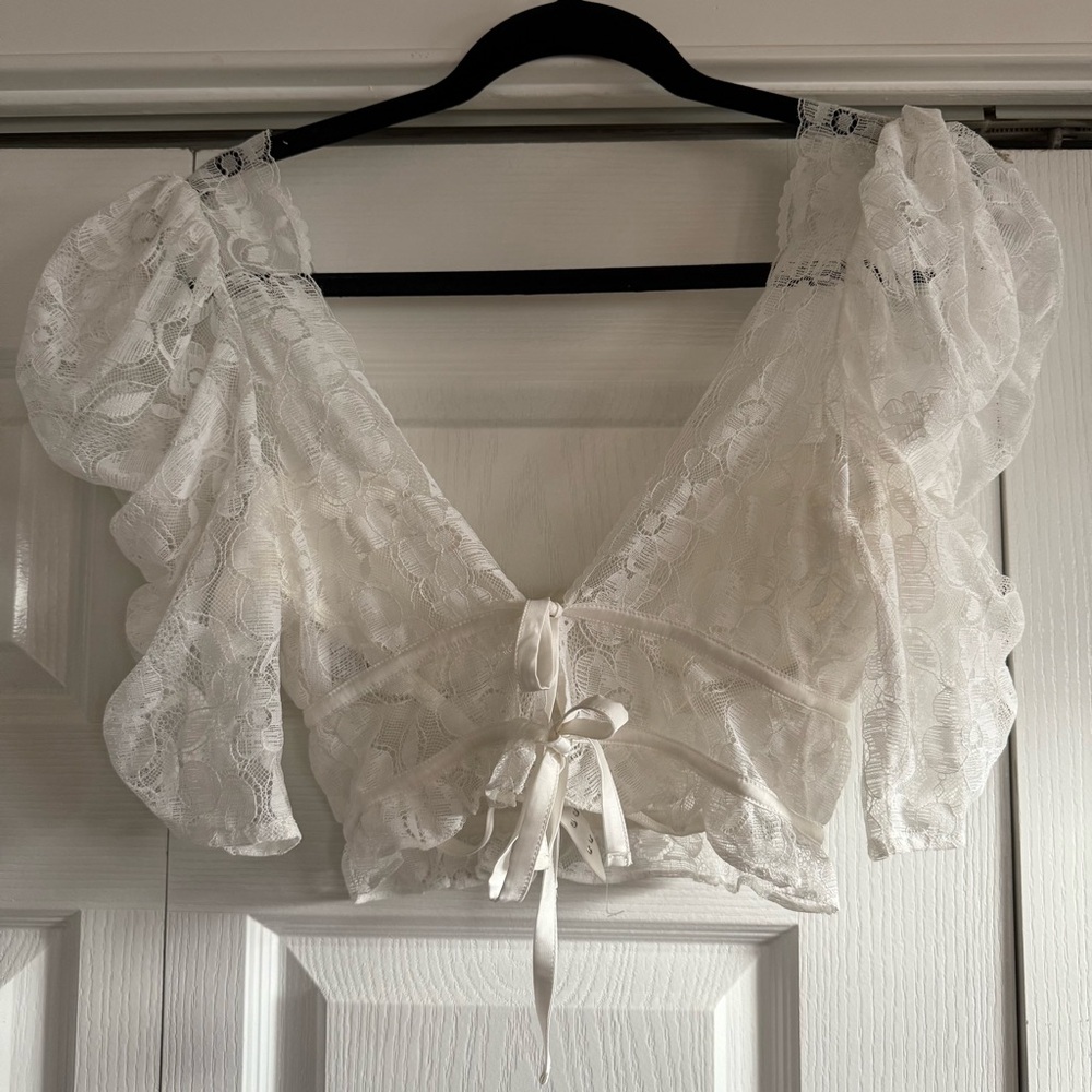 For Love And Lemons Lorena Cream Lace Puff Sleeve Blouse - Picture 3 of 9